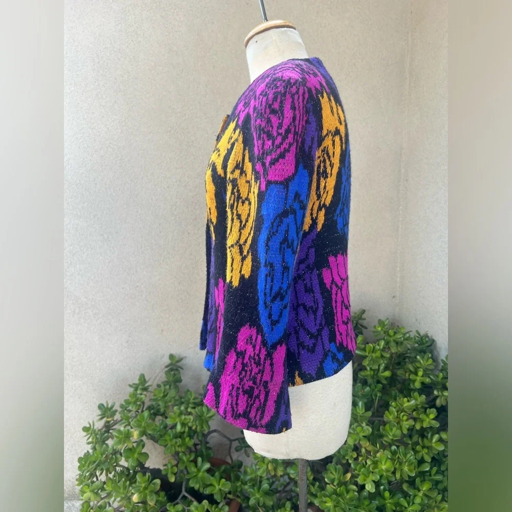 Vintage 80s knit New Wave cardigan sweater lined neon colors Sz M - Picture 4 of 12